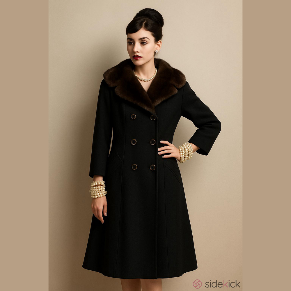 Vintage Black Mink Trim Wool Overcoat Sanders & Gold XL